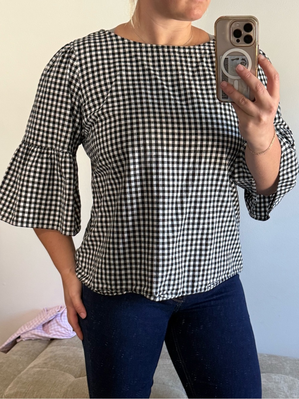 Black & White Gingham Bell Sleeve Top